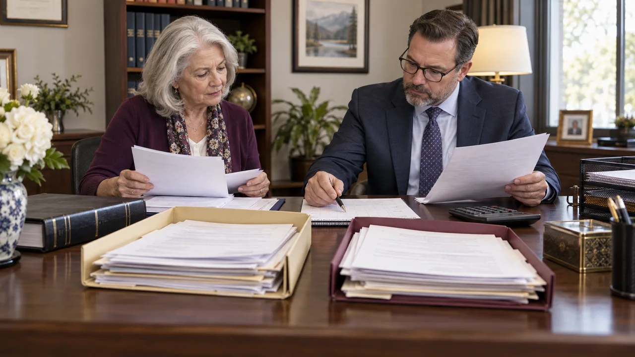 A widow and tax preparer carefully separate final individual return records from estate income records at a professional desk