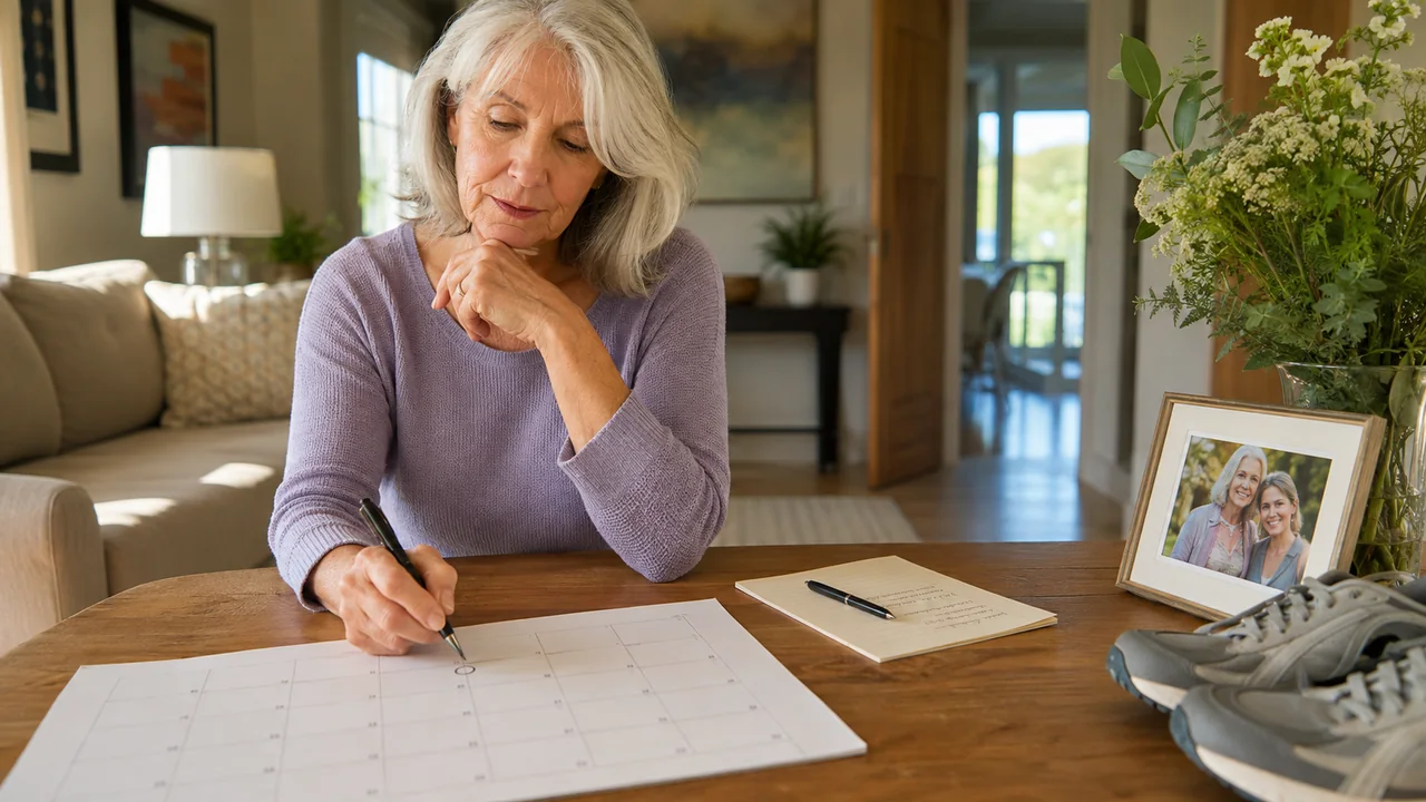 Widow marking a meaningful date beside flowers, a photograph, and walking shoes