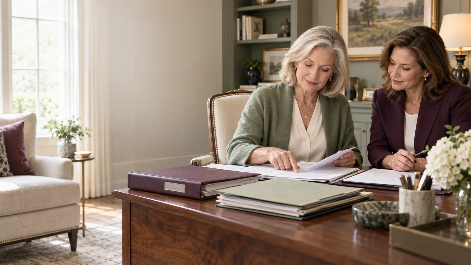 A widow leading a careful tax-return review with a professional adviser