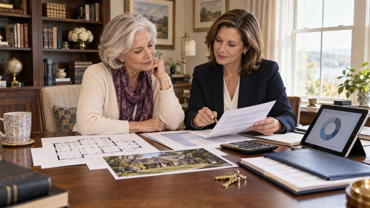 A widow and fiduciary planner compare a house photograph, floor plan, housing costs, calculator, and broader asset allocation