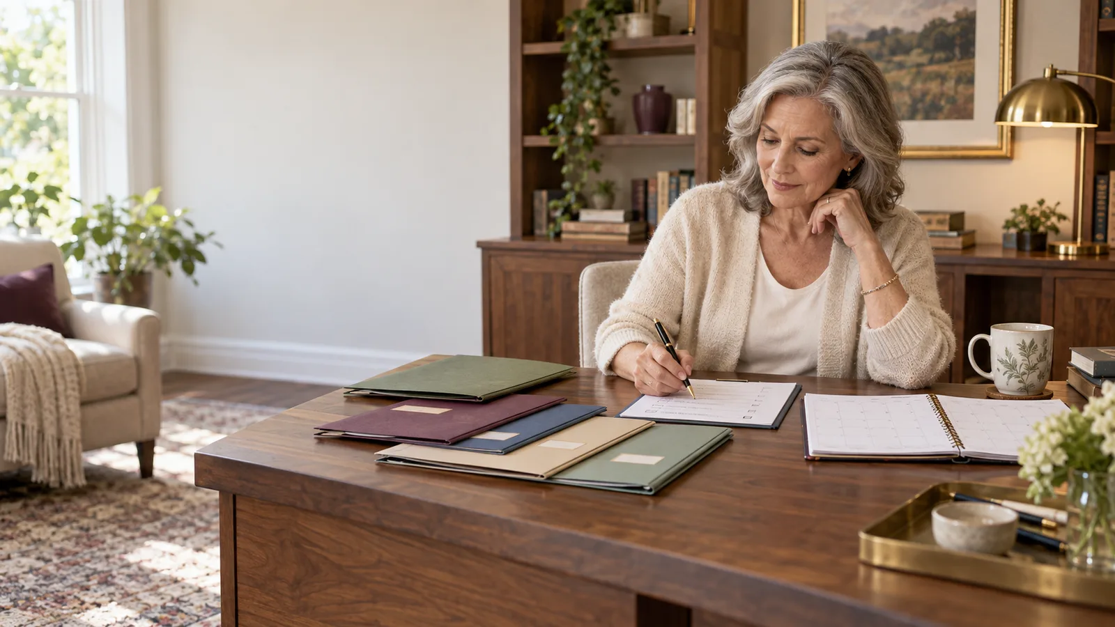 A widow calmly reviewing an organized checklist, calendar, and color-coded financial folders at home