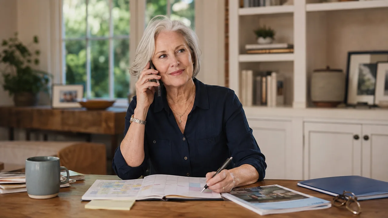 Widow planning her year with a calendar, a call to a friend, and review folders
