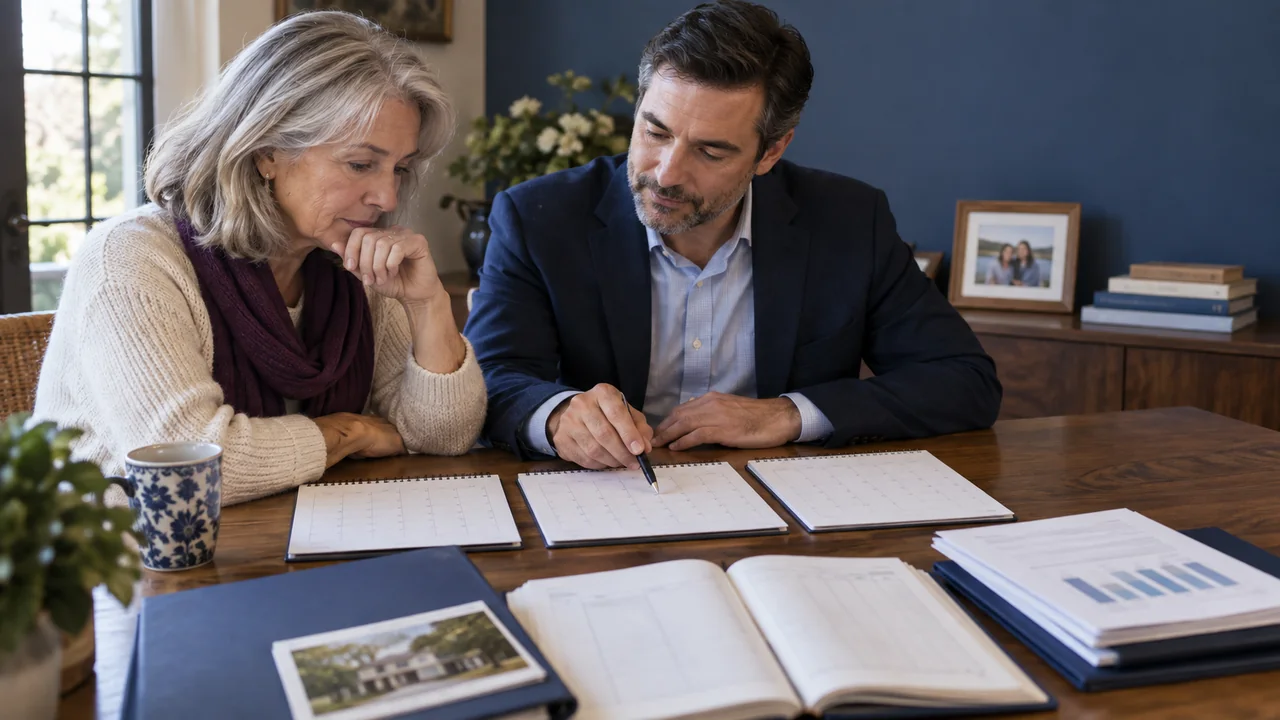 A widow and tax professional review three annual calendars, a household-cost ledger, and dependent-child records