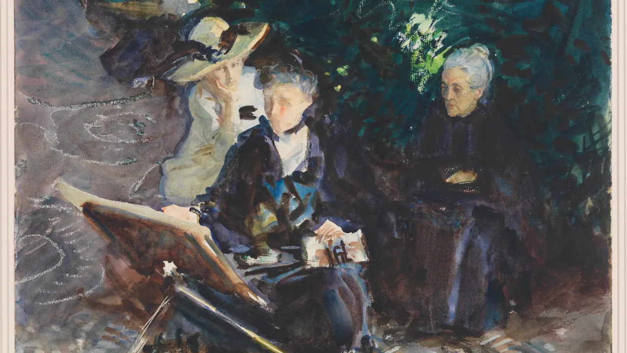 Watercolor of three women in a shaded garden: one sketches at an easel, one in a straw hat looks on, and an older woman in black sits beside them