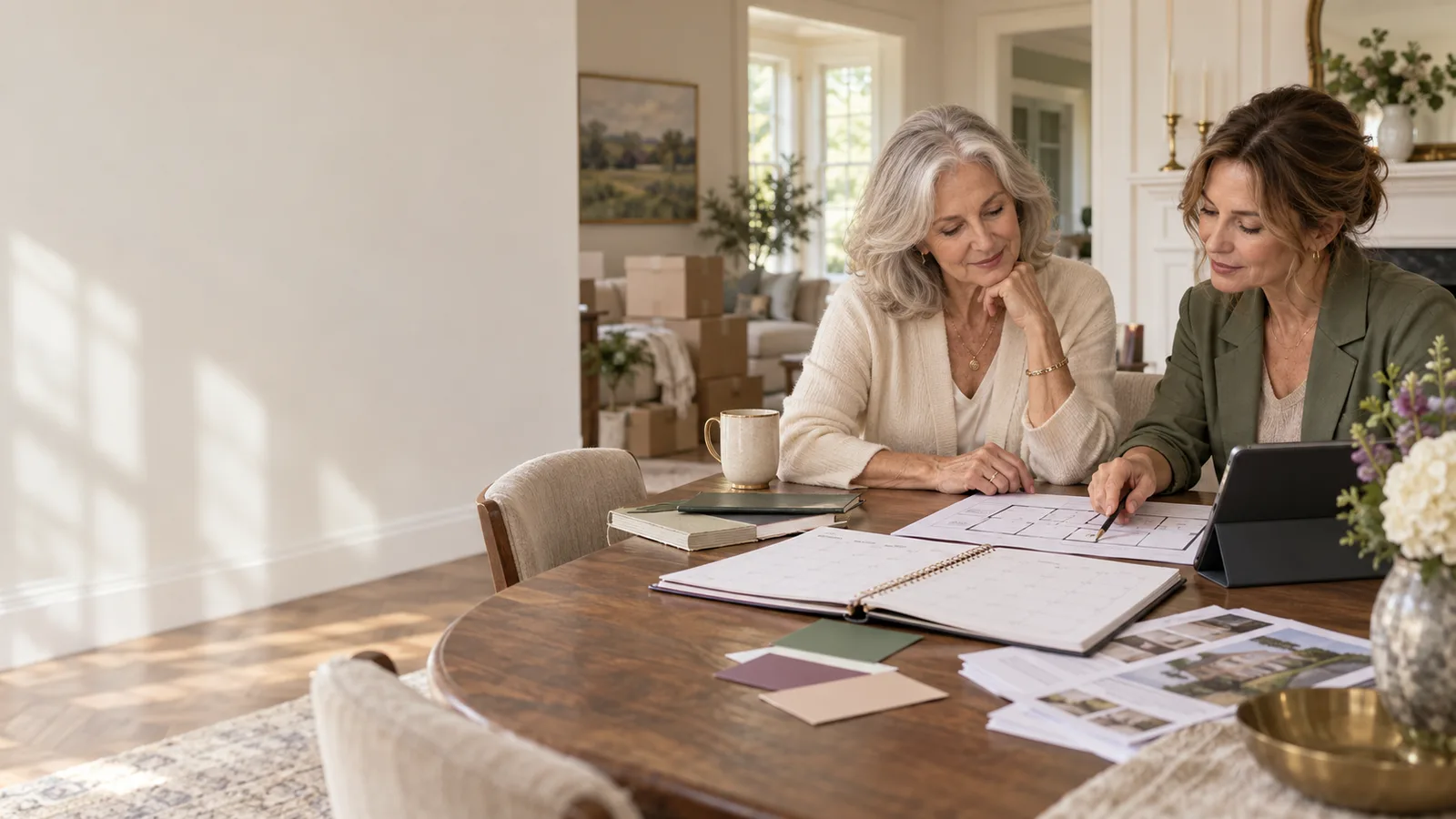 A mature woman and a move coordinator reviewing a calendar and floor plan in a calm home with packed boxes nearby.