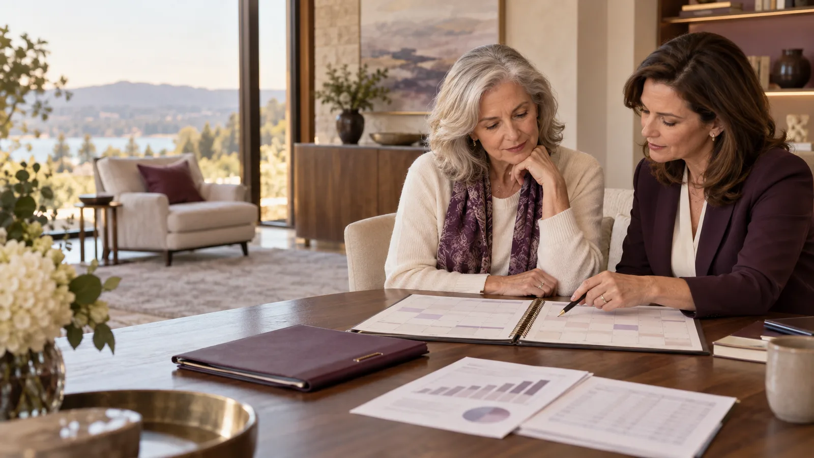 A widow and tax planner comparing two annual calendars with retirement and investment planning records at a home-office table.