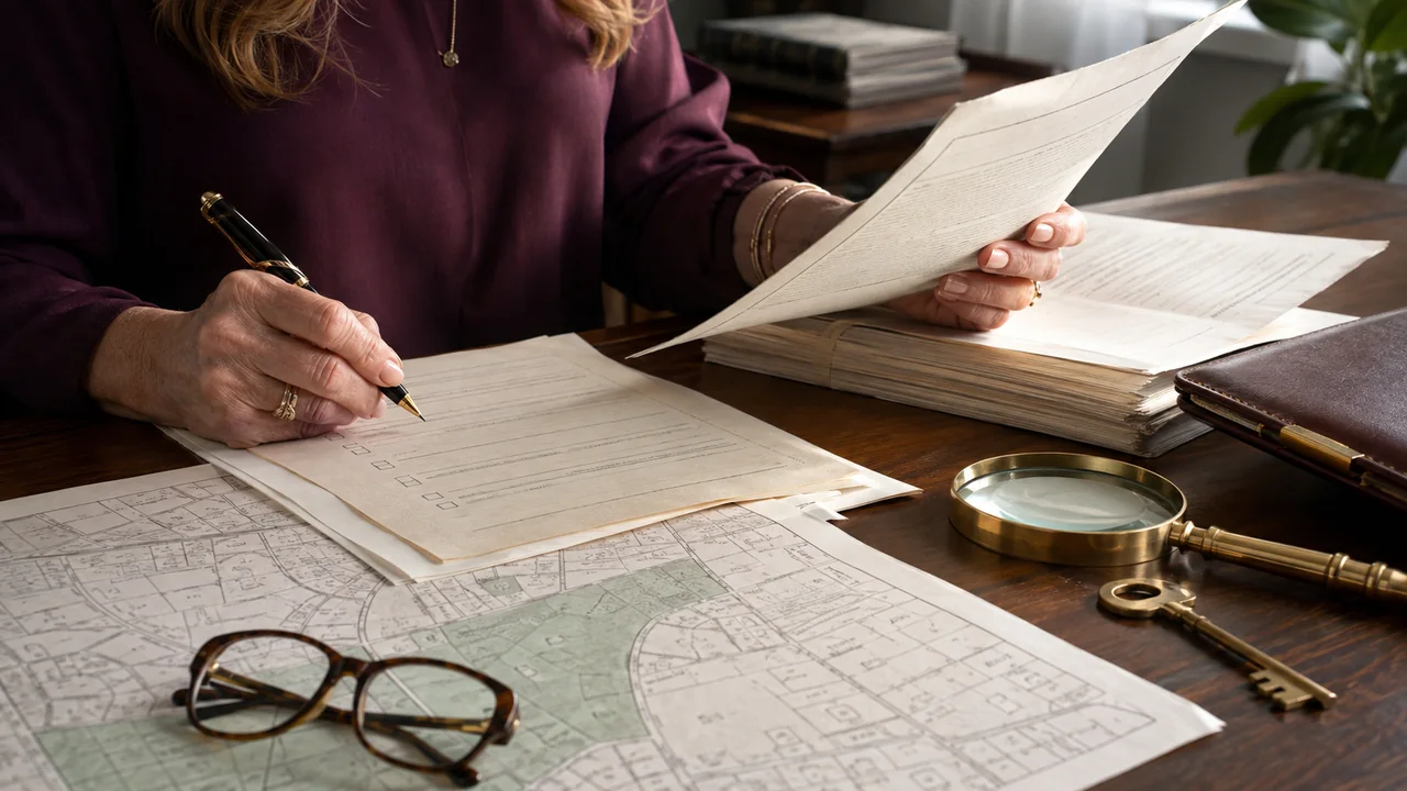 A widow methodically compares property records and marks a checklist beside a parcel map, magnifying glass, and house key