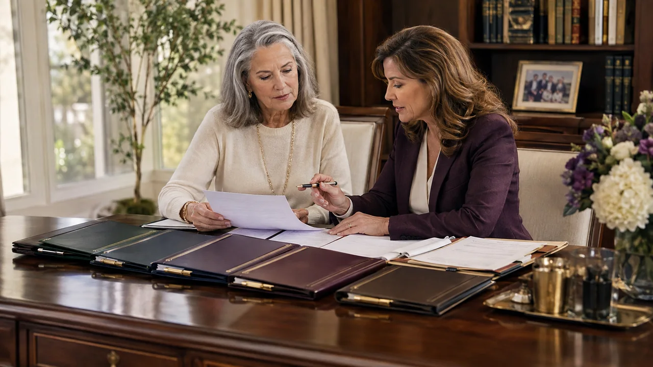 A widow and estate attorney reconcile current bank, brokerage, property, insurance, and retirement beneficiary confirmations with a will and trust