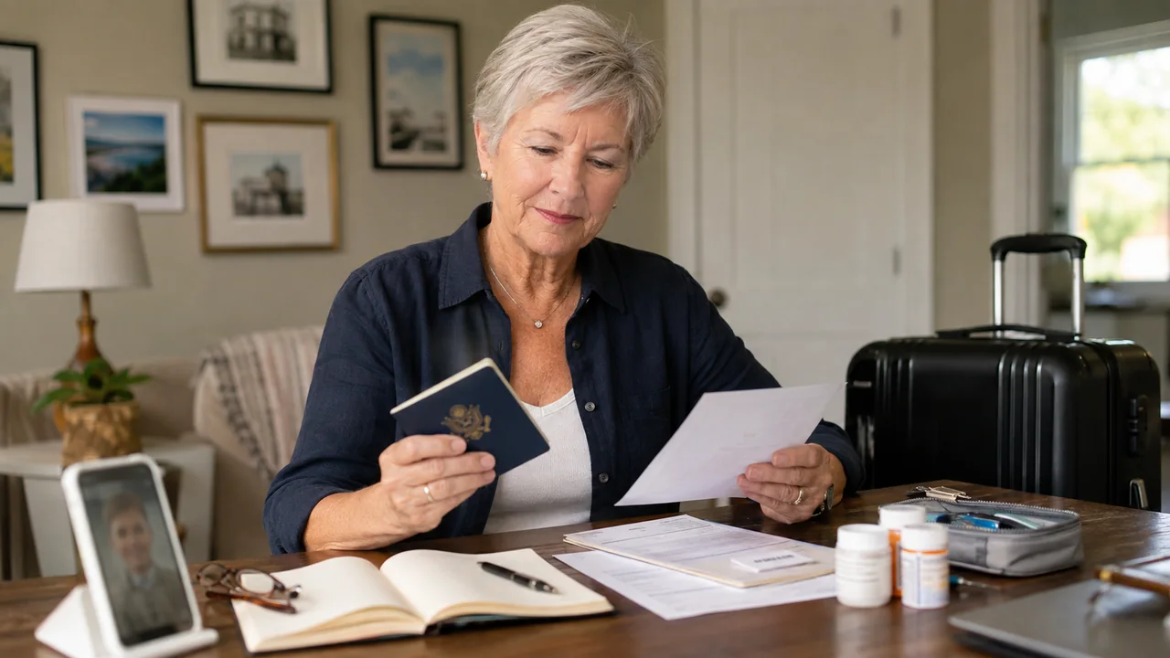 A woman preparing for a solo trip with her passport, itinerary, medication, and carry-on ready