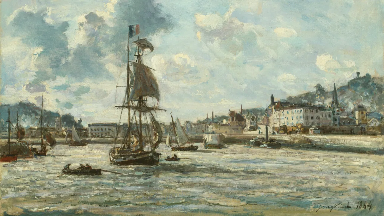 Oil painting of a two-masted sailing ship entering a harbour with smaller boats, the town's quay and buildings behind under a cloudy sky