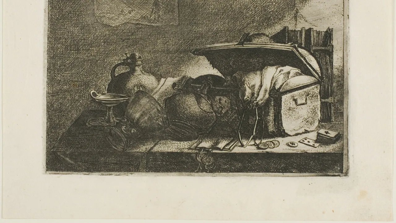 Etching of an open travelling trunk surrounded by bags, vessels, papers, and small personal objects laid out for a journey