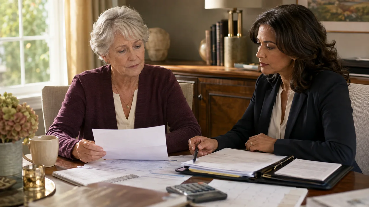 A widow and housing counselor review a mortgage statement, household budget, assistance application, and calendar before default