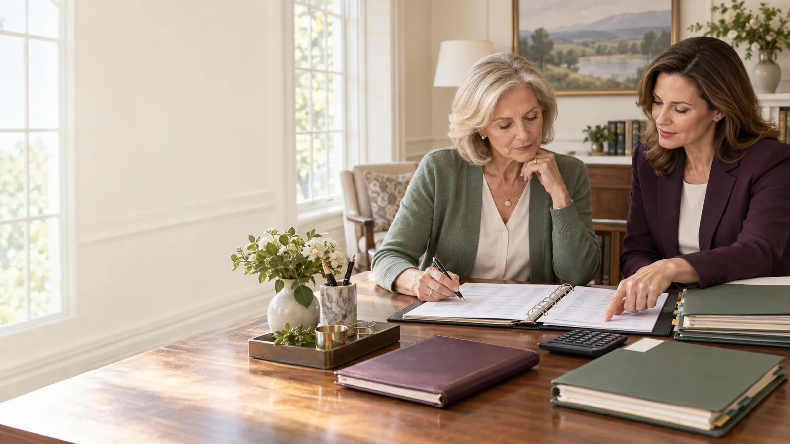 A successor trustee organizes a trust ledger and asset files with her attorney.