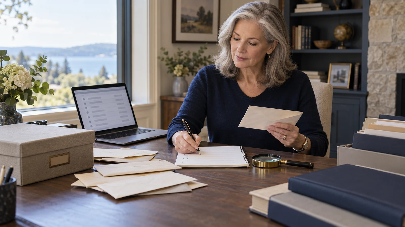 A widowed woman reviews old unlabeled envelopes while recording searches in a blank asset-discovery log at her home-office desk.