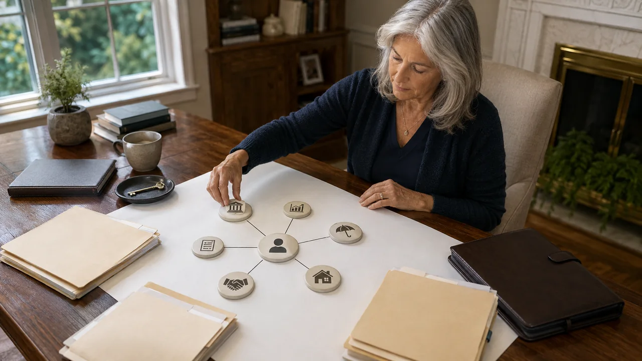 A mature widow maps bank, investment, insurance, property, and legal records around herself.