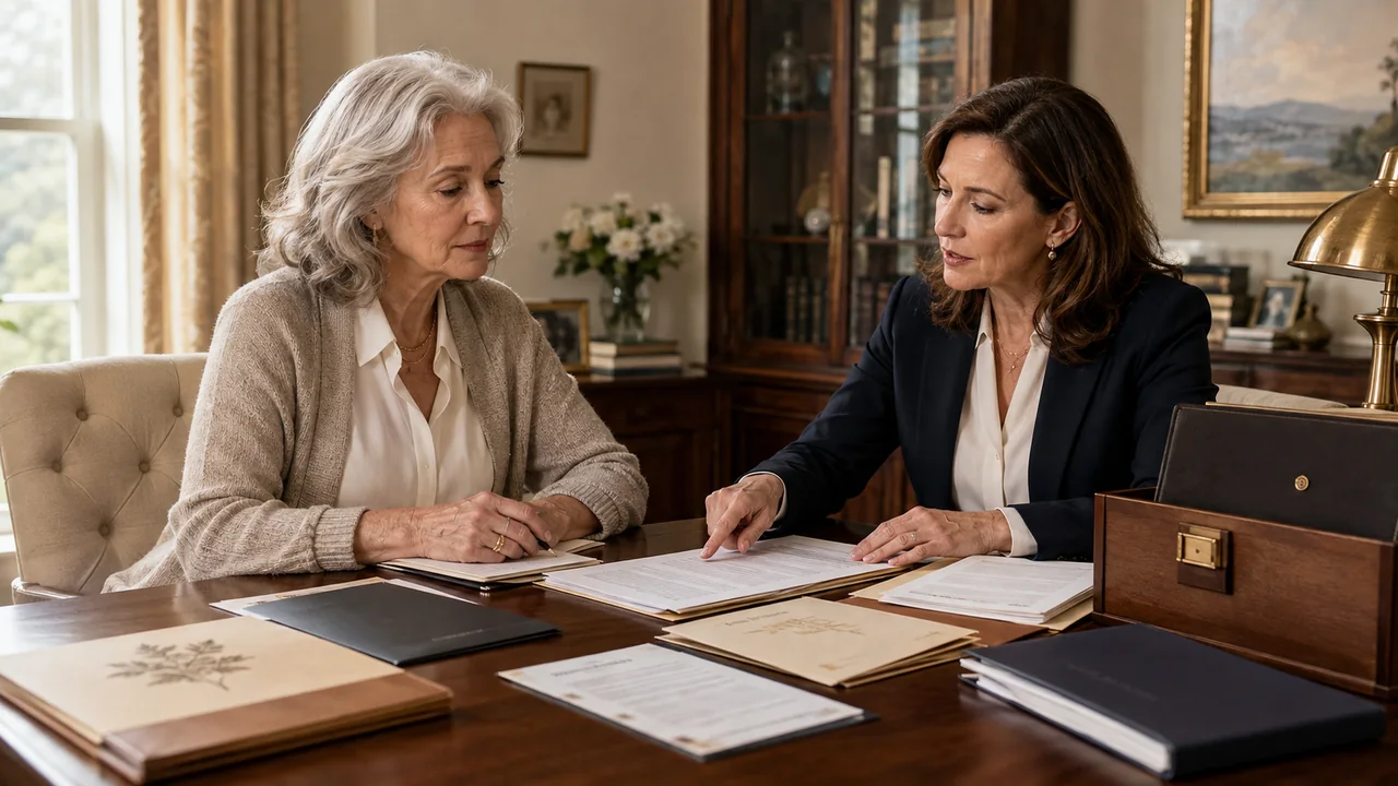 A widow and estate-planning attorney compare an outdated will with new beneficiary, executor, trust, and incapacity-planning records