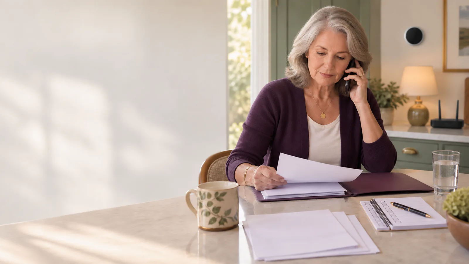 A mature widow calls a household service provider while reviewing organized utility statements in her home