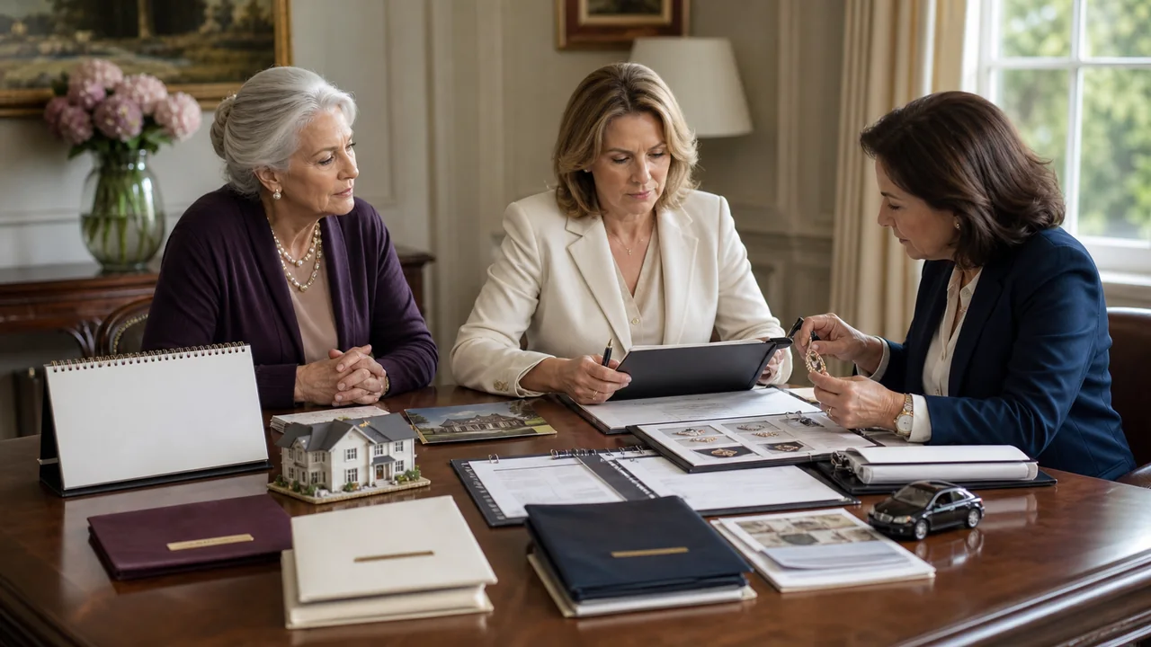 A widow, estate attorney, and appraiser review date-of-death evidence for a home, securities, business, jewelry, vehicle, and household property