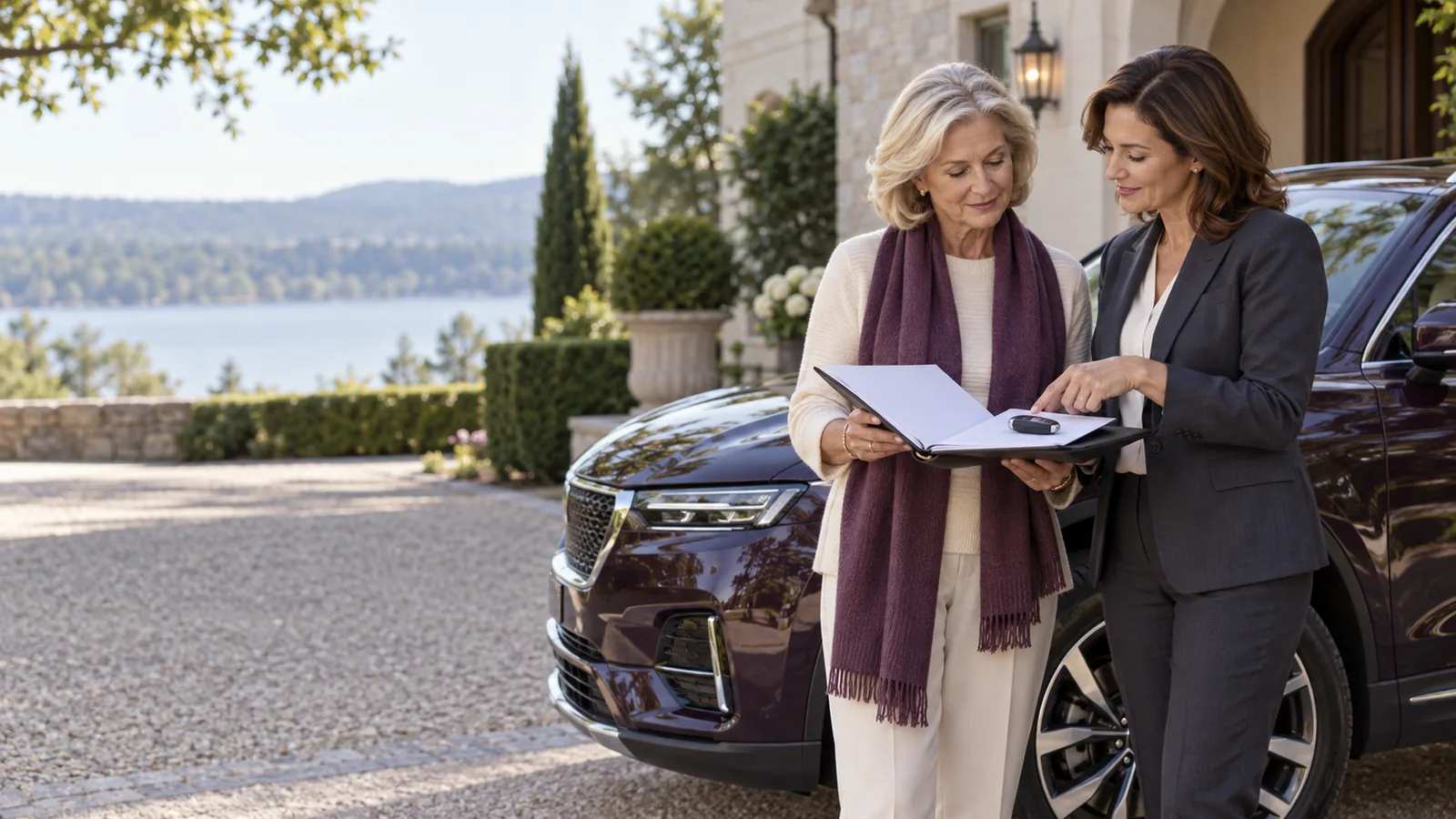 A mature widow and insurance adviser review blank vehicle documents beside a plum-colored crossover
