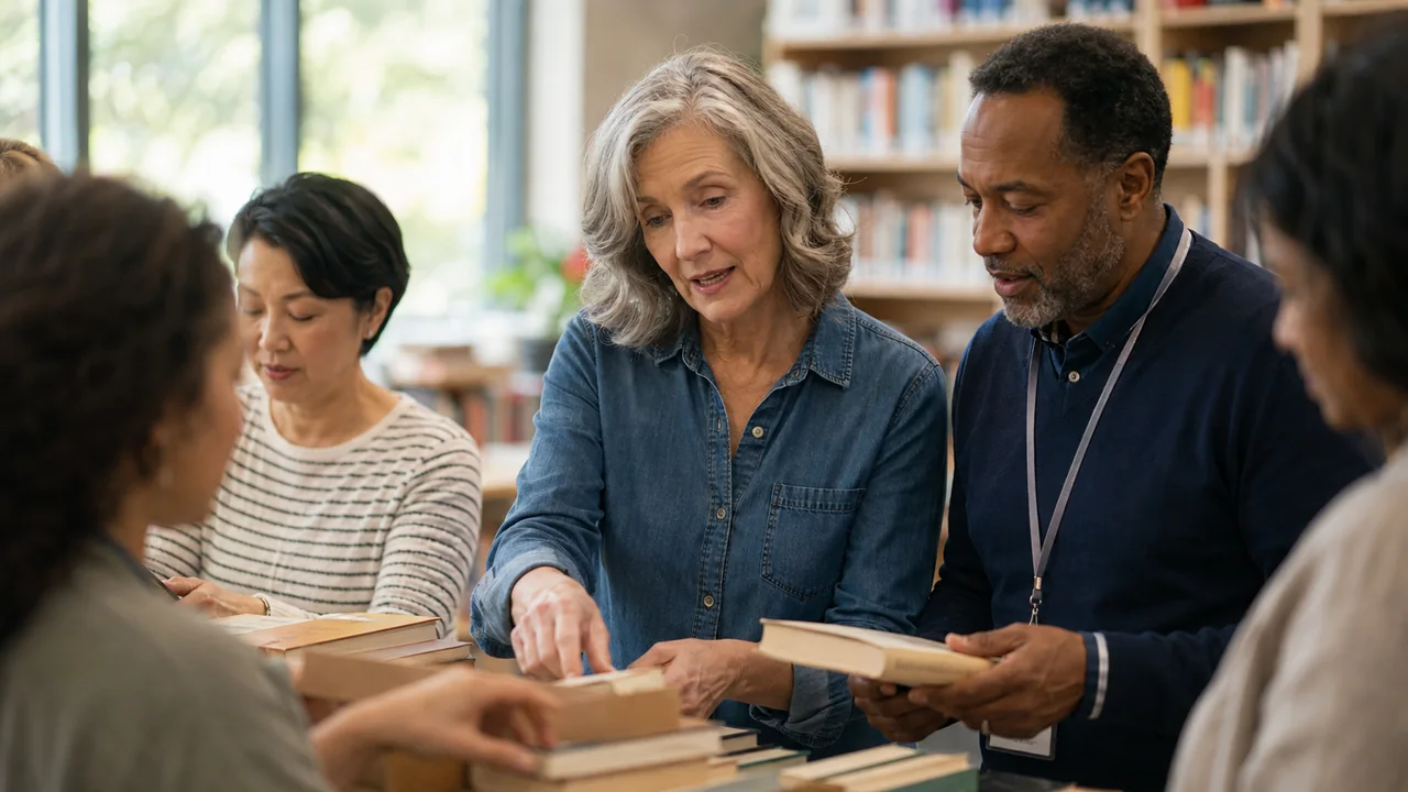 A woman working with fellow volunteers to sort donated books in a community library