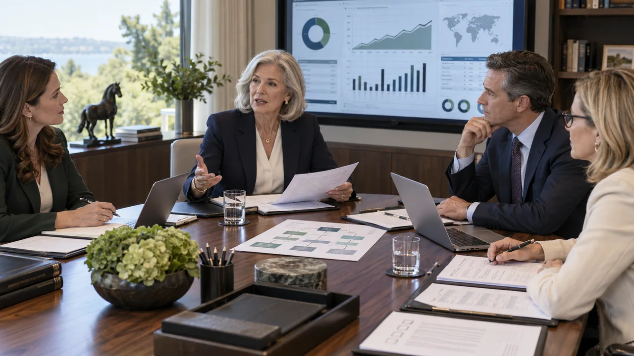 A widowed family principal leads a governance meeting with a controller, investment officer and estate counsel around consolidated reports and approval controls.
