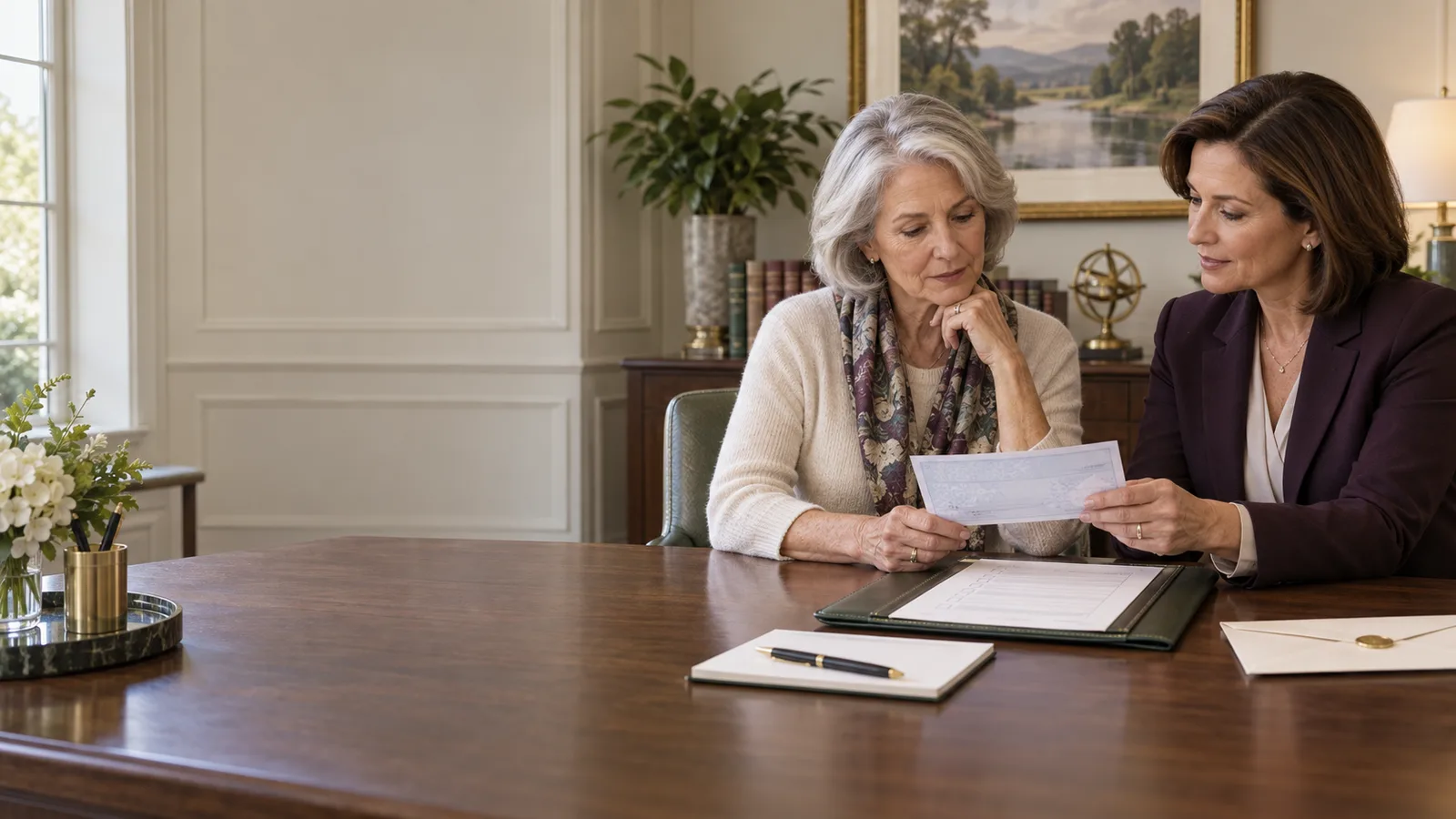 A mature widow and a bank estate-services specialist reviewing an unendorsed payment and estate-account checklist.