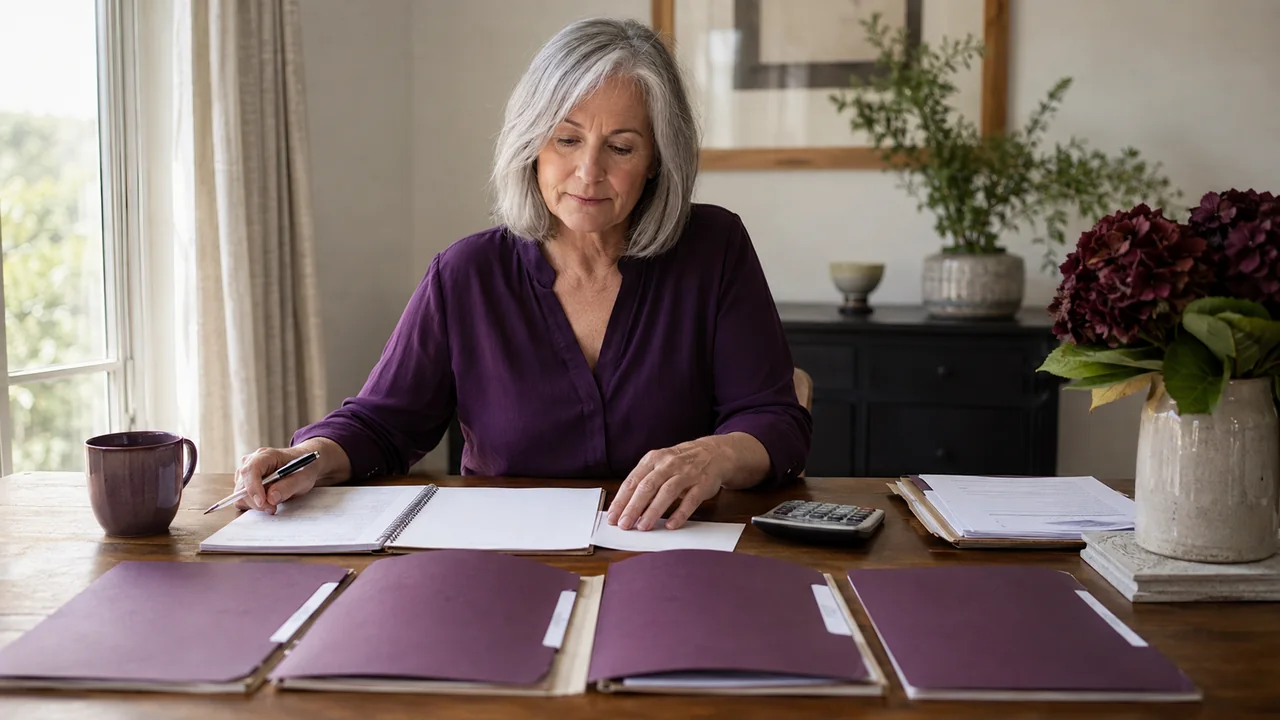 A widow calmly organizes a newly arrived payment into separate folders for cash, taxes, debts, and long-term goals.