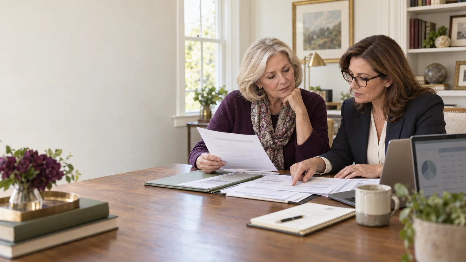 A widow and her tax professional comparing an IRS-style notice with tax returns and payment records