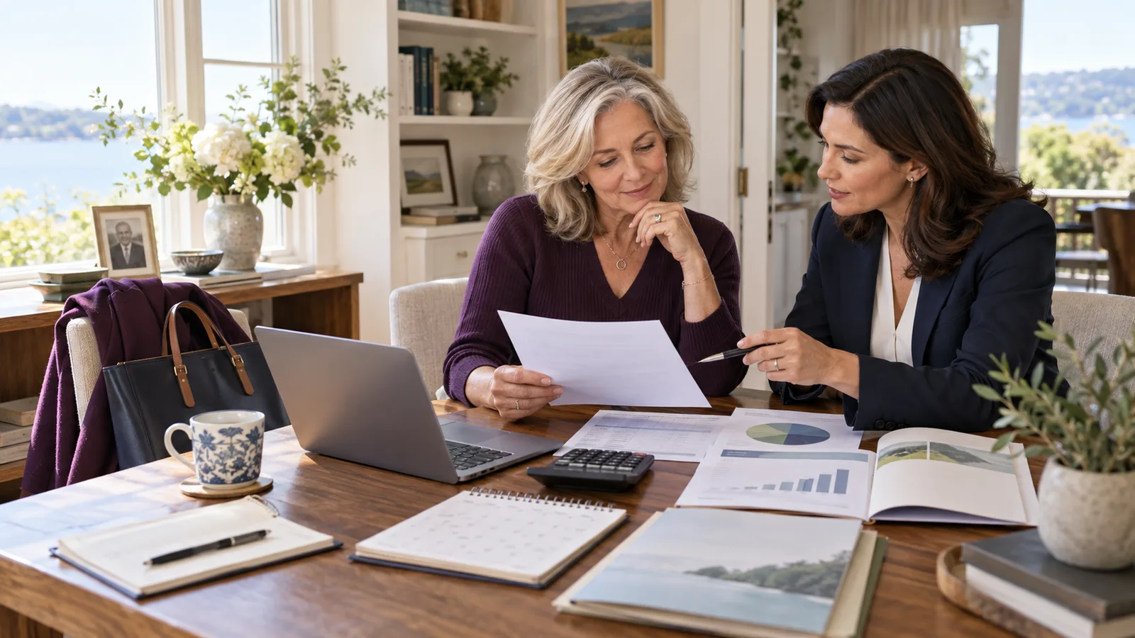 A widow and financial planner reviewing a job offer, paycheck estimate, health coverage, tax calendar, and retirement contribution plan