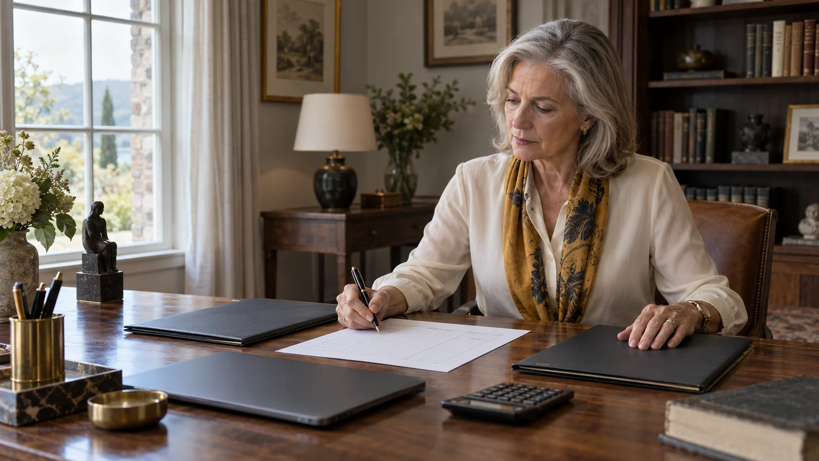 A widowed woman independently compares two financial adviser proposals and marks a blank evaluation worksheet at her home-office desk.