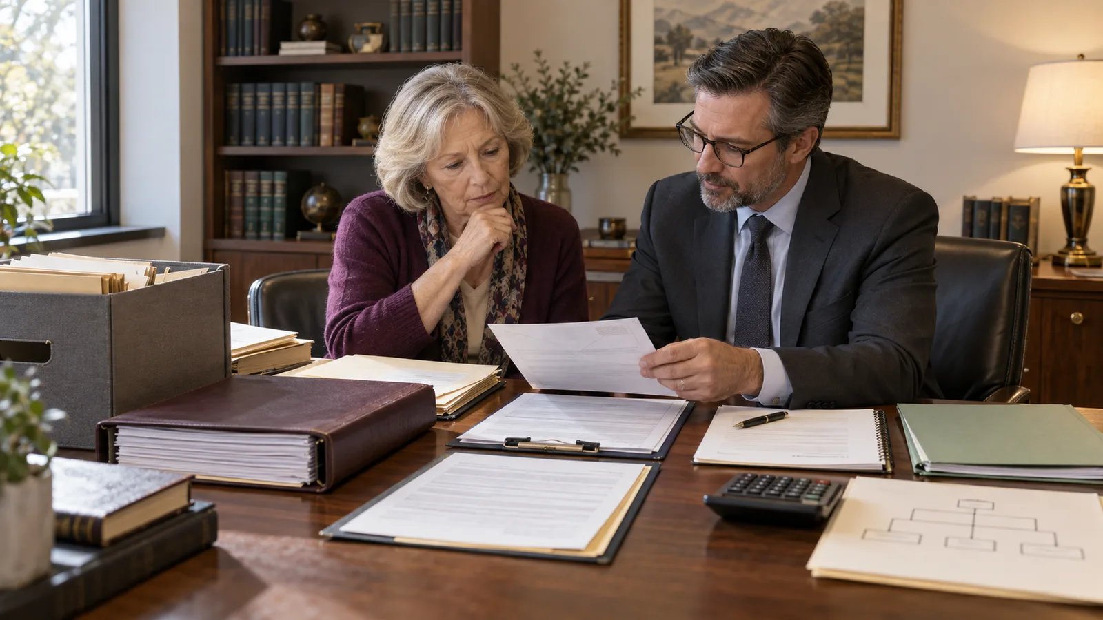 A widow and probate attorney reviewing a newly discovered account statement beside a closed-estate binder, beneficiary map, court papers, and new administration folder