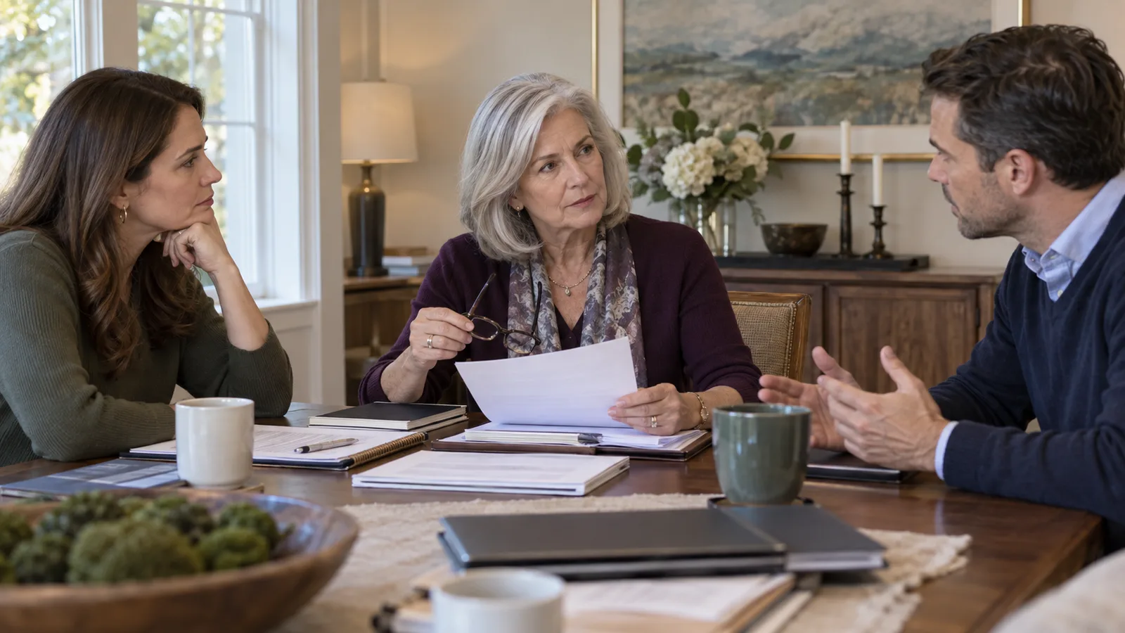 A widowed woman leading a calm financial discussion with her adult daughter and son while holding her own written decision summary