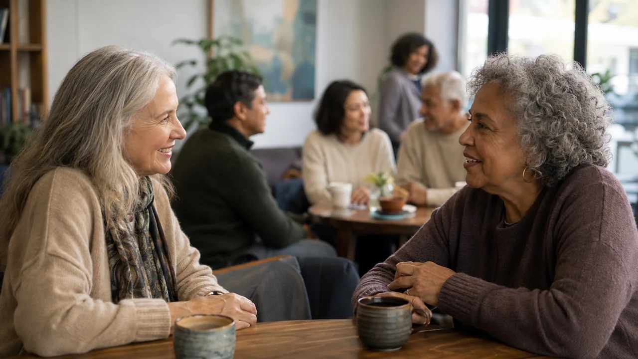 Two older friends reconnecting over coffee with a community group nearby