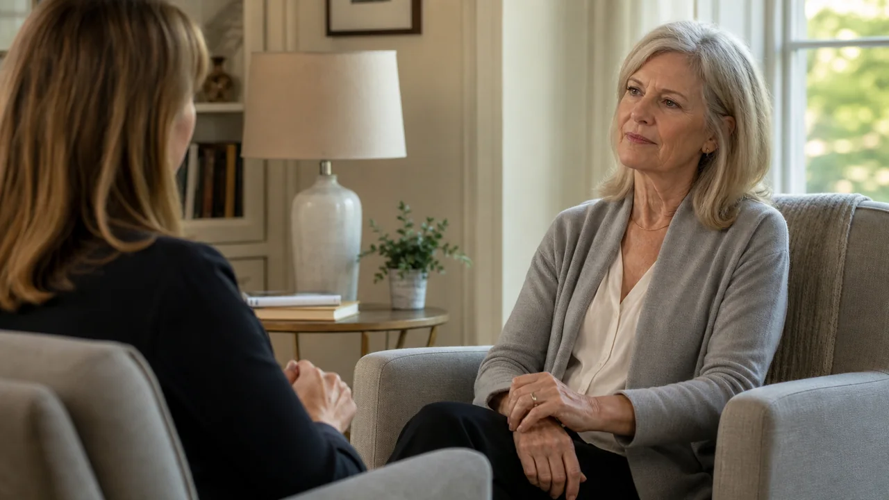 Widow speaking candidly with a therapist in a calm private counseling room