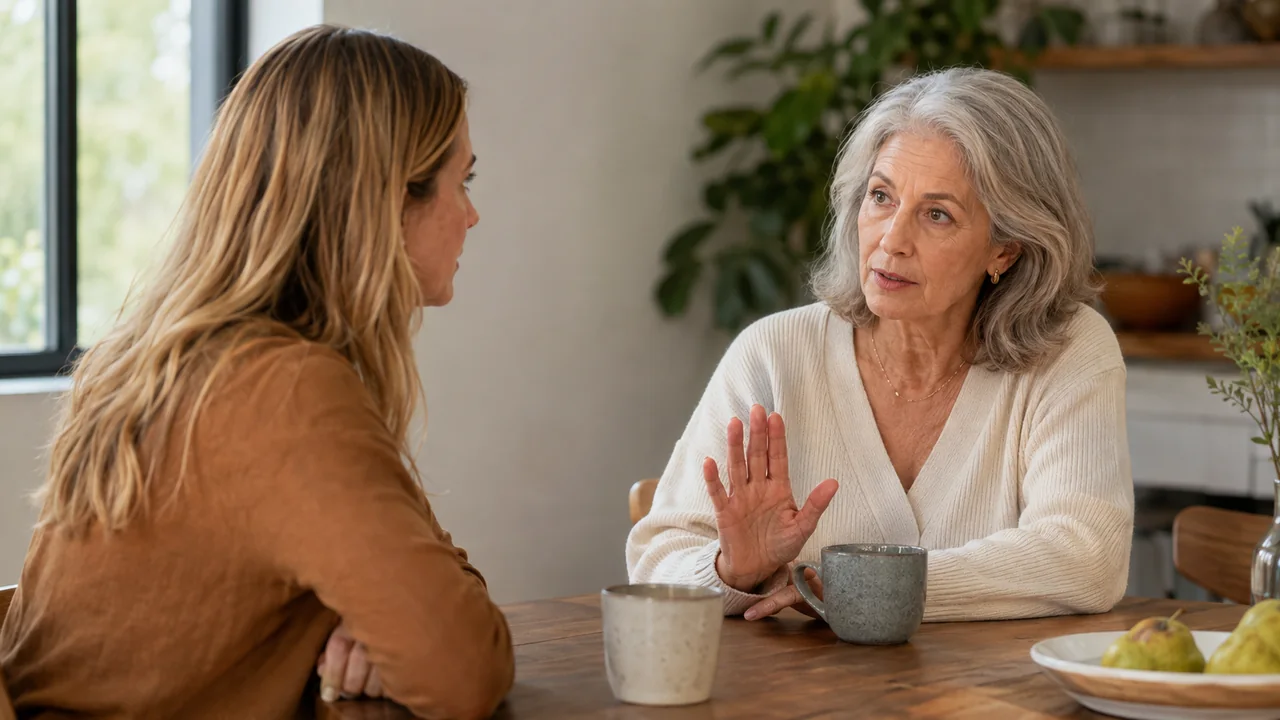 Widow calmly redirecting an unhelpful comment during a private conversation