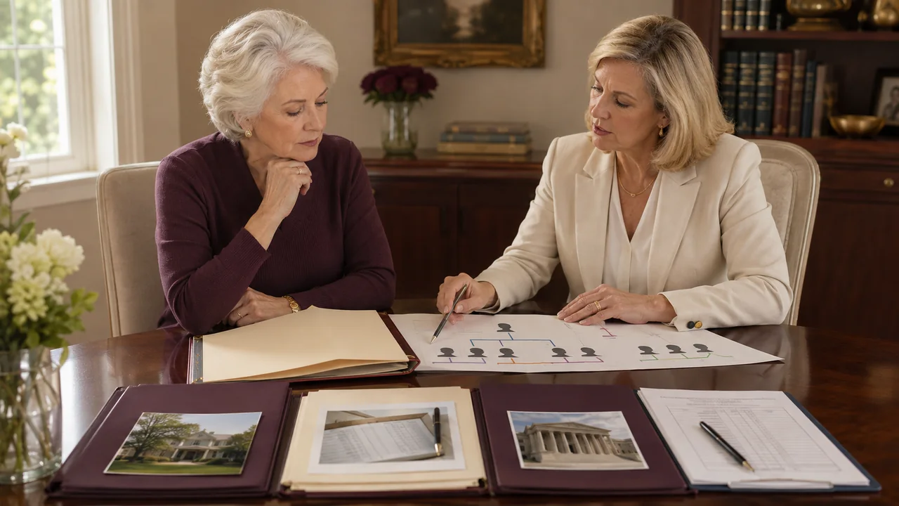 A widow and estate attorney compare family relationships, beneficiary records, title documents, and court papers after finding no will