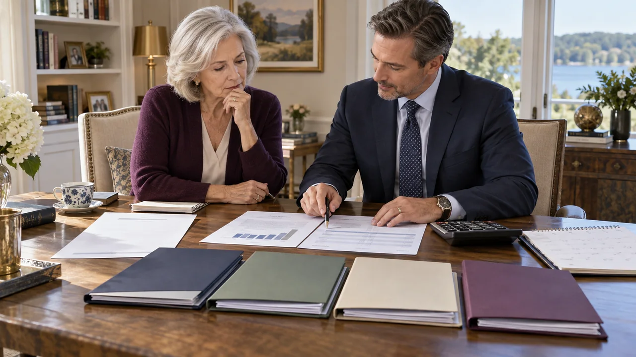 A widow and tax-resolution professional compare a tax notice, cash-flow ledger, calendar, and separate personal and estate payment-option folders