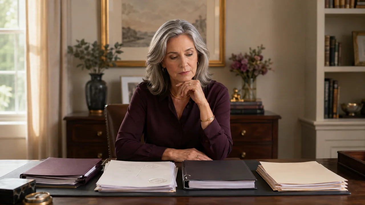A widow pauses over four separate groups of estate, trust, court, and beneficiary documents at her home-office desk