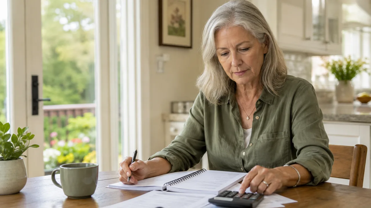 A mature widowed homeowner reviewing mortgage paperwork and household costs at her kitchen table