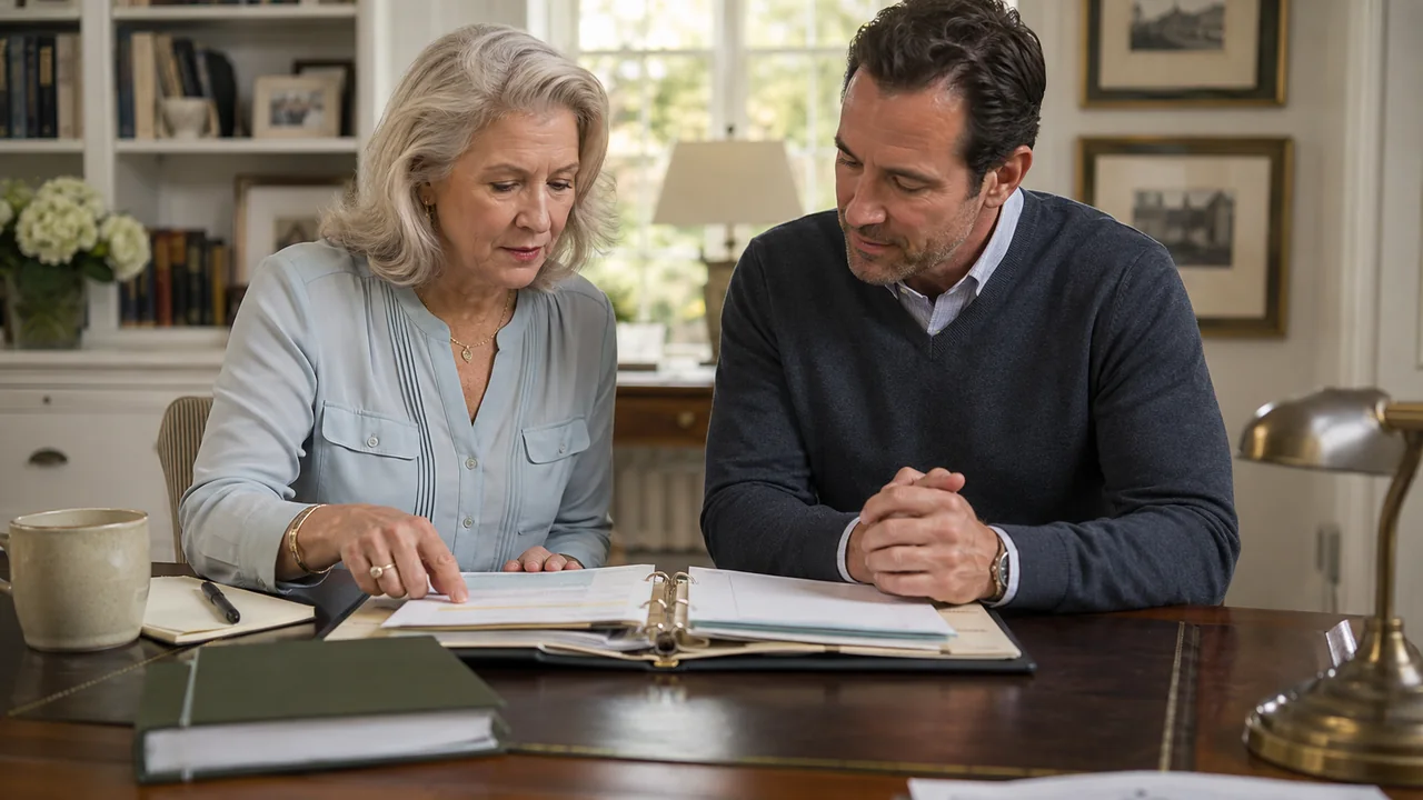 Widow reviewing a secure household and estate information binder with her executor