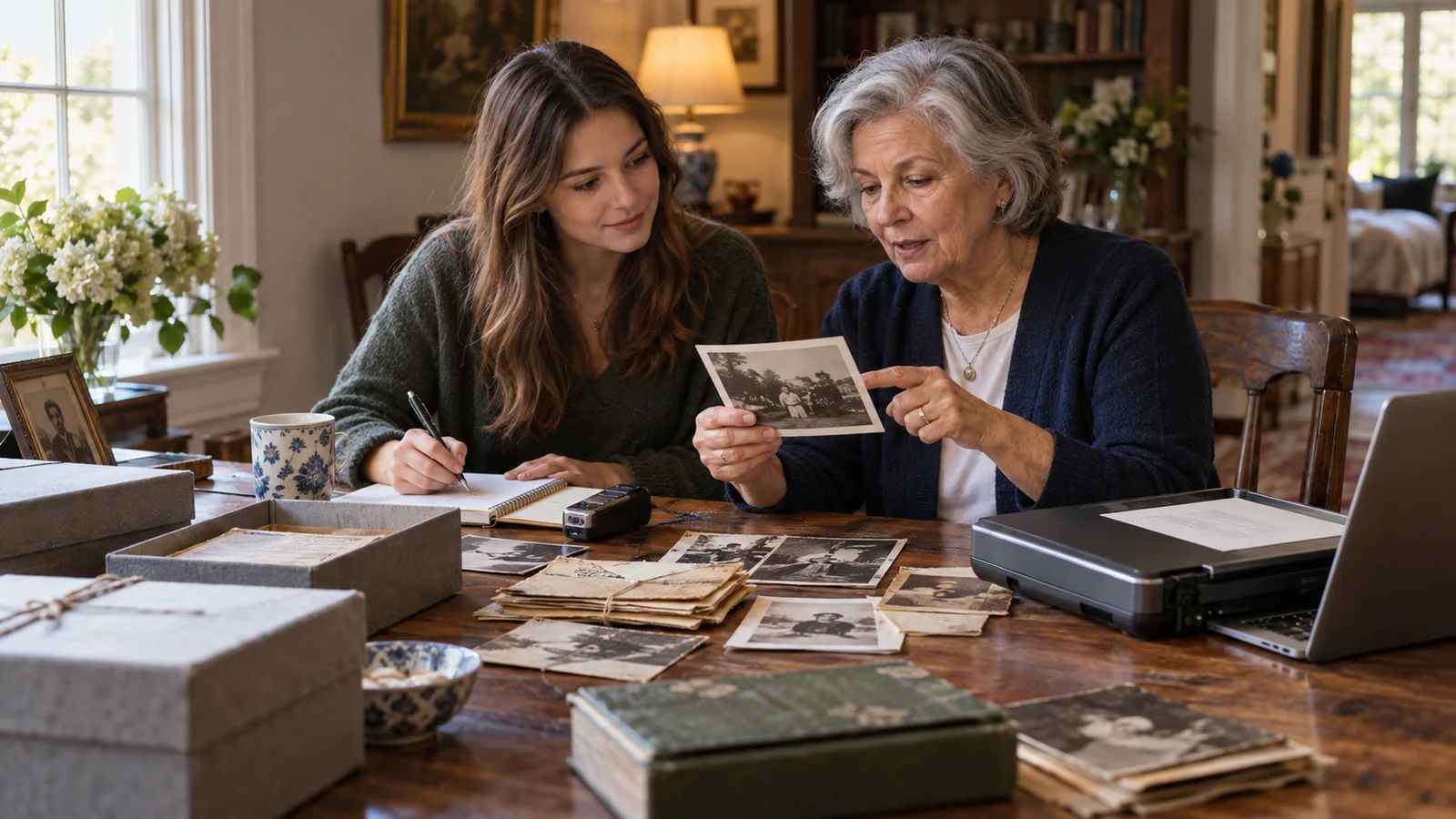An older widow identifies people in a family photograph while her granddaughter records notes beside letters, archive boxes and a scanner.