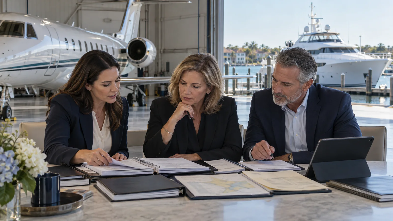 An executor reviews aircraft and yacht records with aviation and maritime advisers beside a private jet and marina.